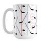 Hockey Rink Pattern Mug (15oz) at Amy's Coffee Mugs. A ceramic coffee mug designed with hockey rink red and blue lines, coupled with hockey sticks and hockey pucks, a pattern that wraps around the mug up to the handle.