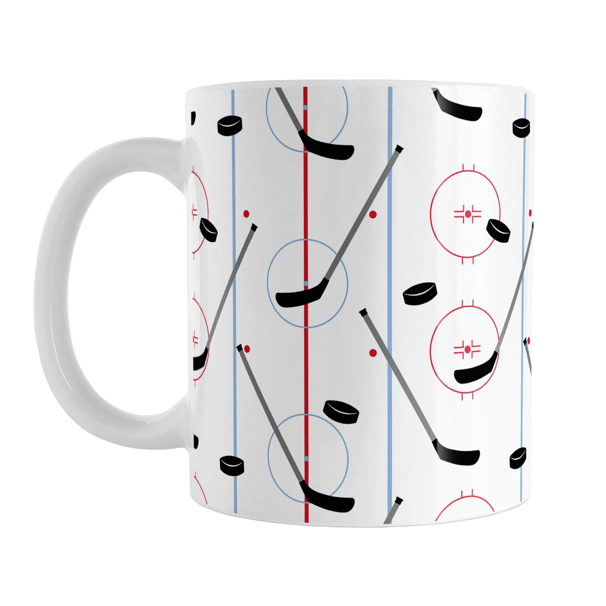 Hockey Rink Pattern Mug (11oz) at Amy's Coffee Mugs. A ceramic coffee mug designed with hockey rink red and blue lines, coupled with hockey sticks and hockey pucks, a pattern that wraps around the mug up to the handle.