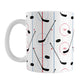 Hockey Rink Pattern Mug (11oz) at Amy's Coffee Mugs. A ceramic coffee mug designed with hockey rink red and blue lines, coupled with hockey sticks and hockey pucks, a pattern that wraps around the mug up to the handle.