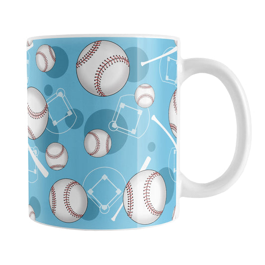 Light Blue Baseball Pattern Mug (11oz) at Amy's Coffee Mugs. A ceramic coffee mug designed with a pattern of baseballs, baseball diamonds, baseball bats, and blue circles over a light blue background color that wraps around the mug up to the handle.