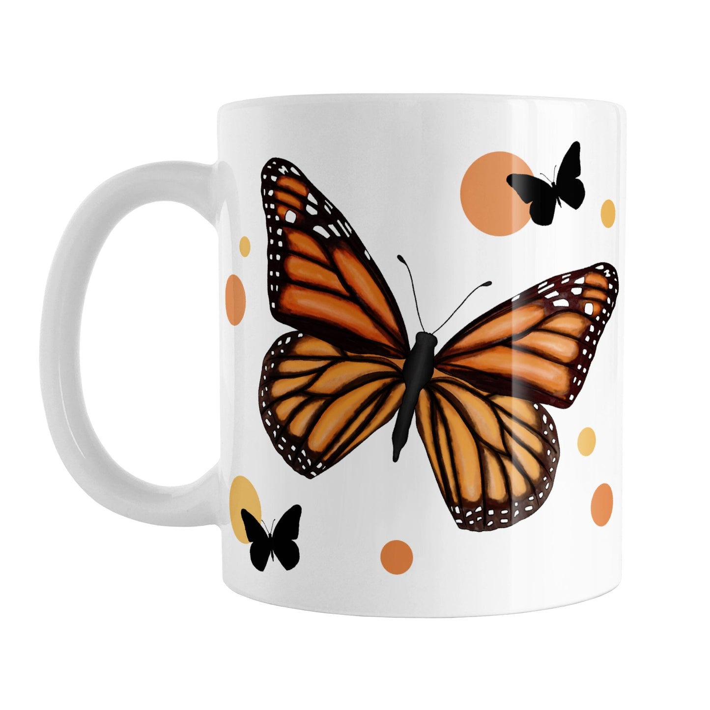 Monarch Butterfly Mug (11oz) at Amy's Coffee Mugs. A ceramic mug designed with an illustration of a monarch butterfly with orange circles and smaller black silhouette butterflies around it. This nature-inspired drawing is on both sides of the mug.