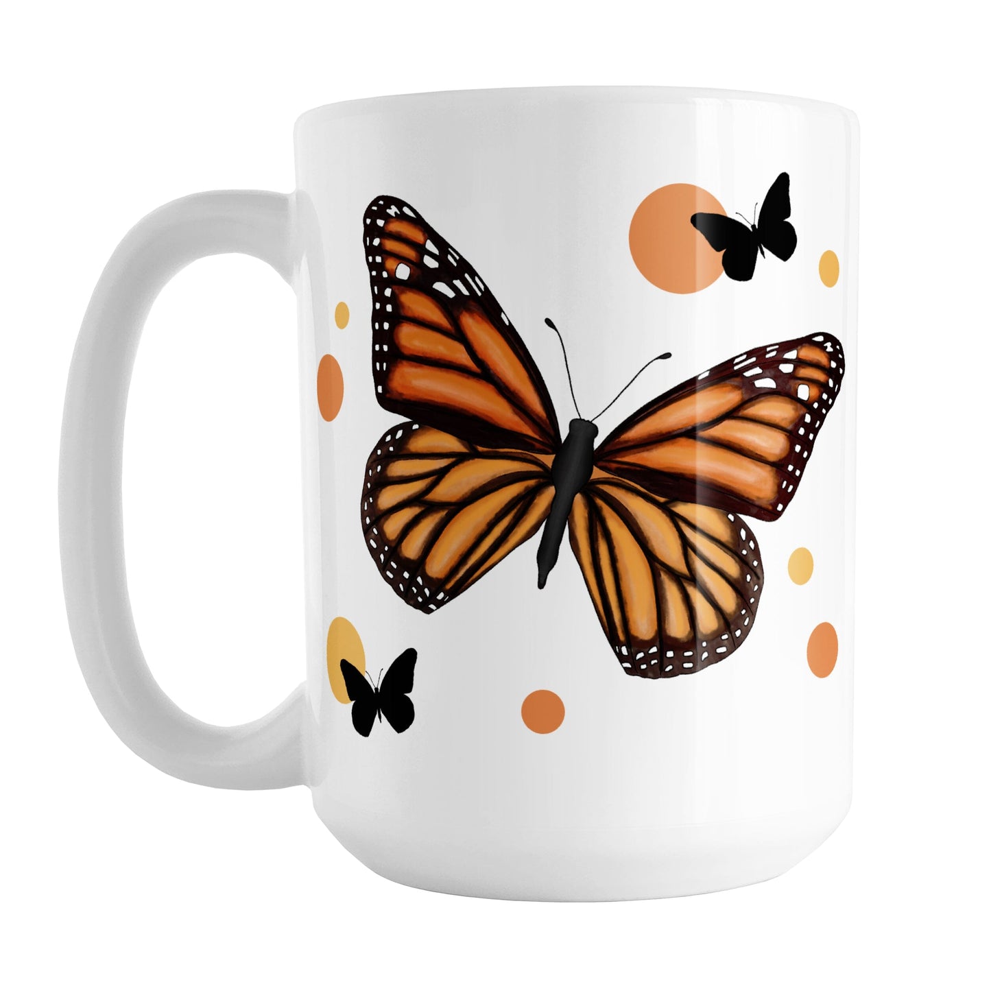 Monarch Butterfly Mug (15oz) at Amy's Coffee Mugs. A ceramic mug designed with an illustration of a monarch butterfly with orange circles and smaller black silhouette butterflies around it. This nature-inspired drawing is on both sides of the mug.