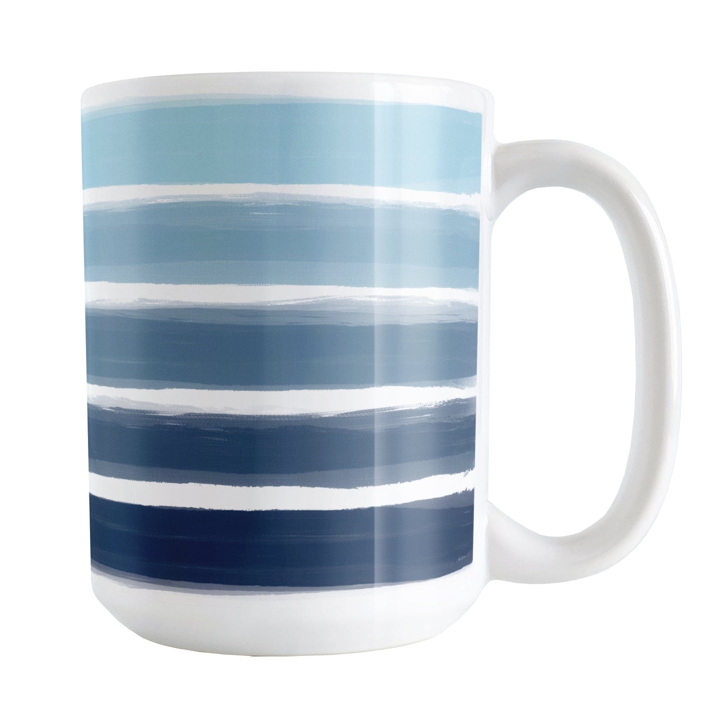 Nautical Paint Brush Strokes Mug (15oz) at Amy's Coffee Mugs. A ceramic coffee mug featuring a print of artistic paint brush strokes, in a gradient color progression of navy blue along the bottom to aqua blue along the top, horizontally across the mug up to the handle.