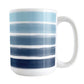 Nautical Paint Brush Strokes Mug (15oz) at Amy's Coffee Mugs. A ceramic coffee mug featuring a print of artistic paint brush strokes, in a gradient color progression of navy blue along the bottom to aqua blue along the top, horizontally across the mug up to the handle.