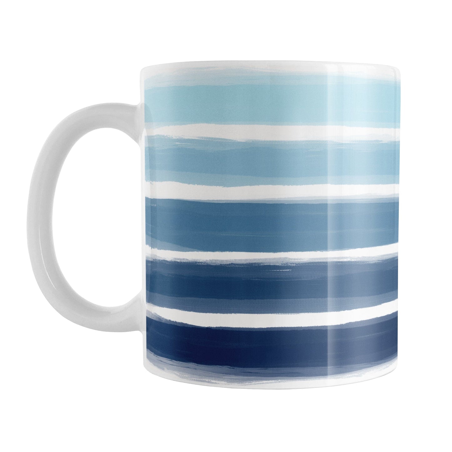 Nautical Paint Brush Strokes Mug (11oz) at Amy's Coffee Mugs. A ceramic coffee mug featuring a print of artistic paint brush strokes, in a gradient color progression of navy blue along the bottom to aqua blue along the top, horizontally across the mug up to the handle.