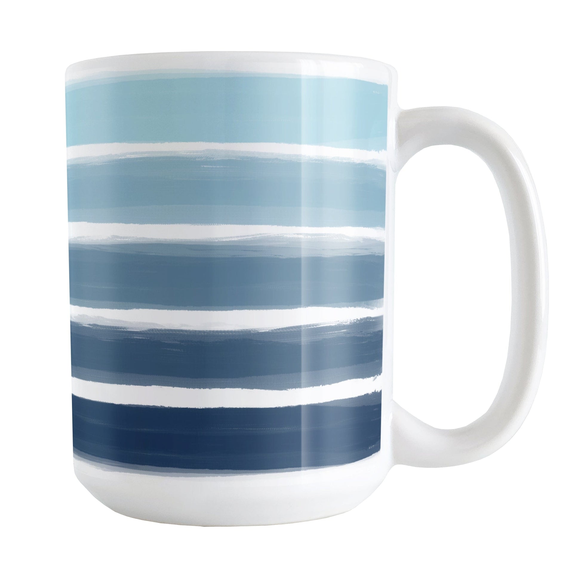 Nautical Paint Brush Strokes Mug (15oz) at Amy's Coffee Mugs. A ceramic coffee mug featuring a print of artistic paint brush strokes, in a gradient color progression of navy blue along the bottom to aqua blue along the top, horizontally across the mug up to the handle.