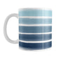 Nautical Paint Brush Strokes Mug (11oz) at Amy's Coffee Mugs. A ceramic coffee mug featuring a print of artistic paint brush strokes, in a gradient color progression of navy blue along the bottom to aqua blue along the top, horizontally across the mug up to the handle.
