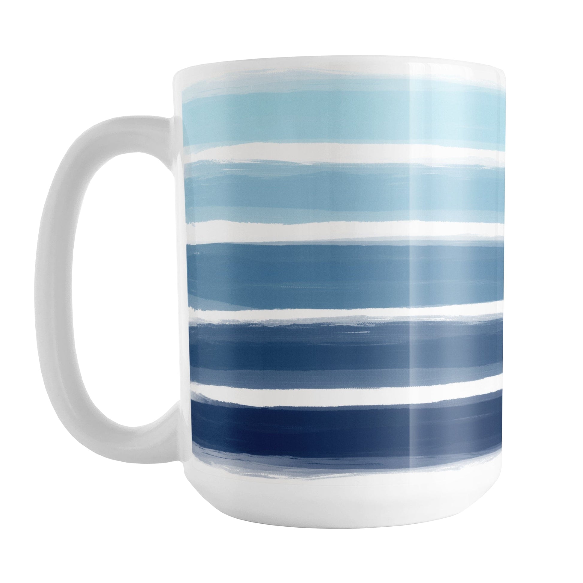 Nautical Paint Brush Strokes Mug (15oz) at Amy's Coffee Mugs. A ceramic coffee mug featuring a print of artistic paint brush strokes, in a gradient color progression of navy blue along the bottom to aqua blue along the top, horizontally across the mug up to the handle.