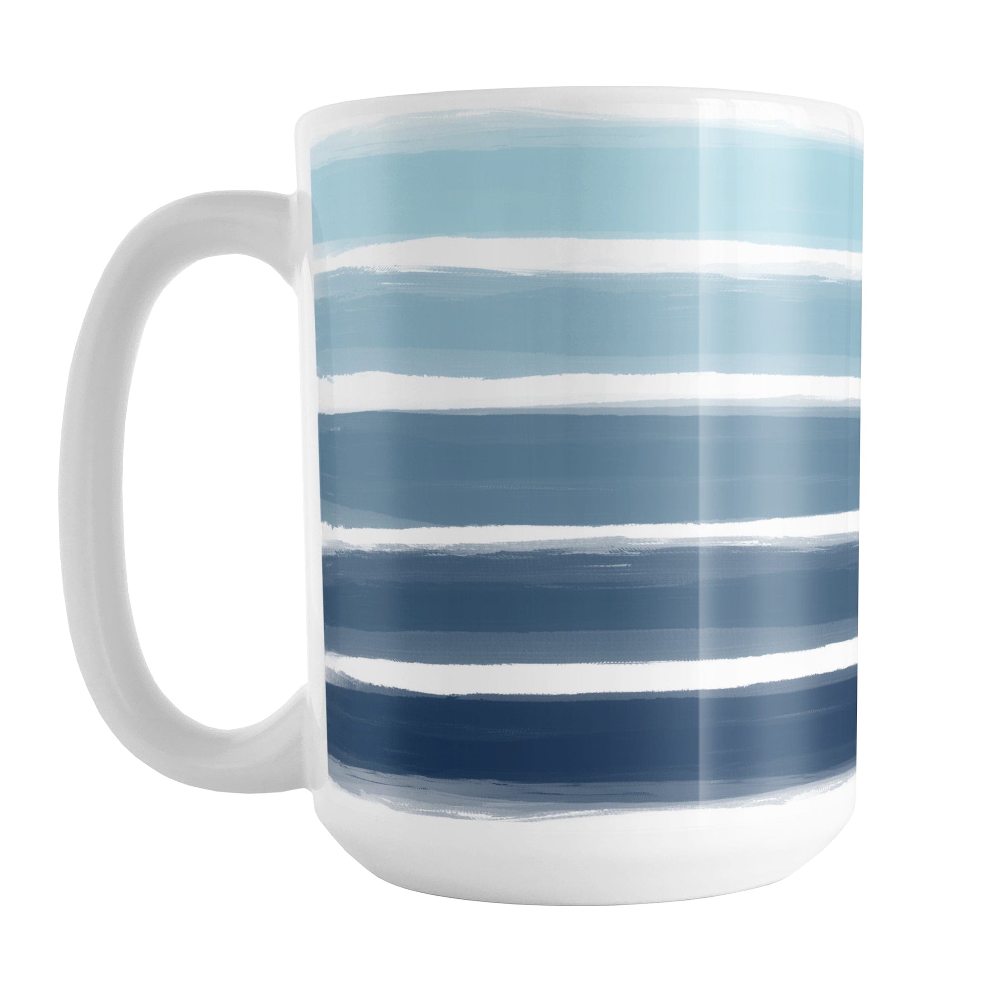 Nautical Paint Brush Strokes Mug (15oz) at Amy's Coffee Mugs. A ceramic coffee mug featuring a print of artistic paint brush strokes, in a gradient color progression of navy blue along the bottom to aqua blue along the top, horizontally across the mug up to the handle.