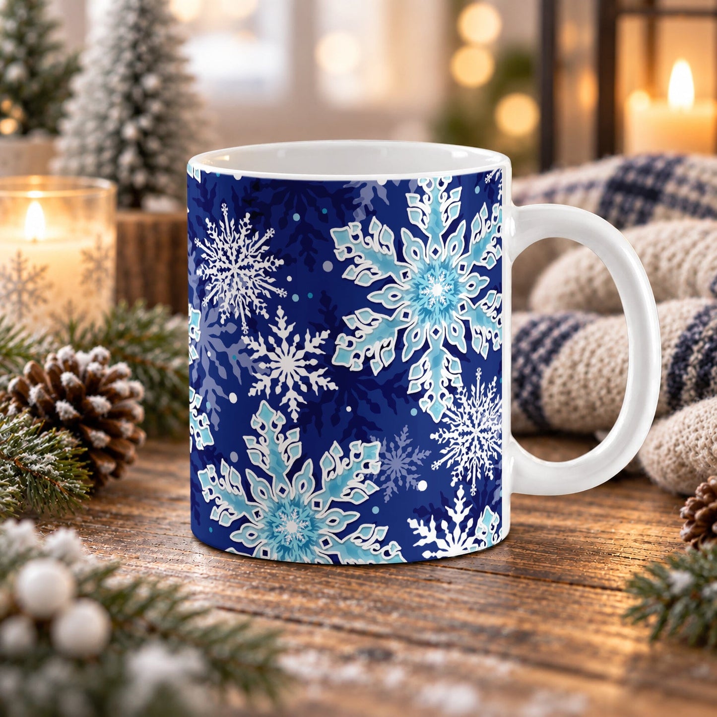 11 oz navy blue winter mug with large aqua and white snowflakes, dark blue snowflakes, and smaller icy accents across the pattern, shown on a wooden table with winter decor around it.