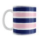 Navy Pink Paint Brush Strokes Mug (11oz) at Amy's Coffee Mugs. A ceramic coffee mug featuring a print of artistic paint brush strokes horizontally across the mug up to the handle, in alternating colors of navy blue and pink.