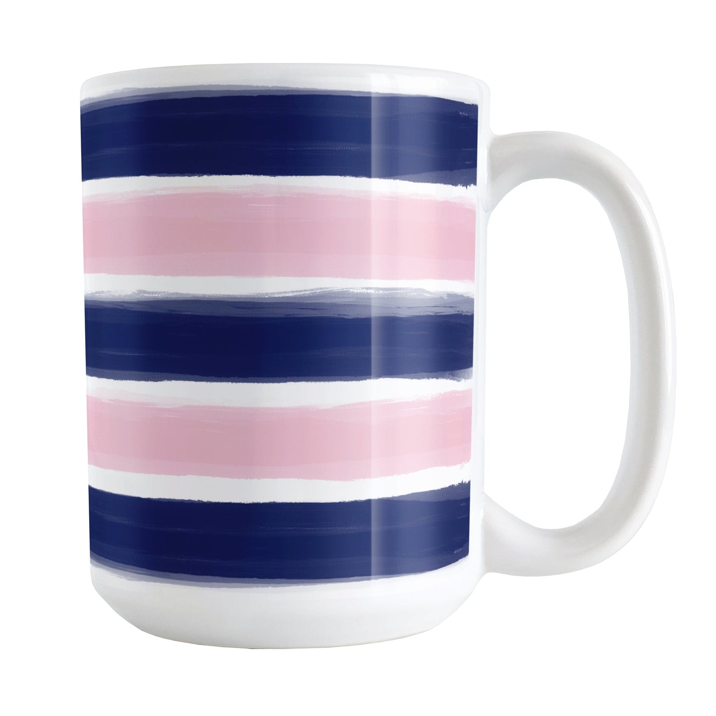 Navy Pink Paint Brush Strokes Mug (15oz) at Amy's Coffee Mugs. A ceramic coffee mug featuring a print of artistic paint brush strokes horizontally across the mug up to the handle, in alternating colors of navy blue and pink.