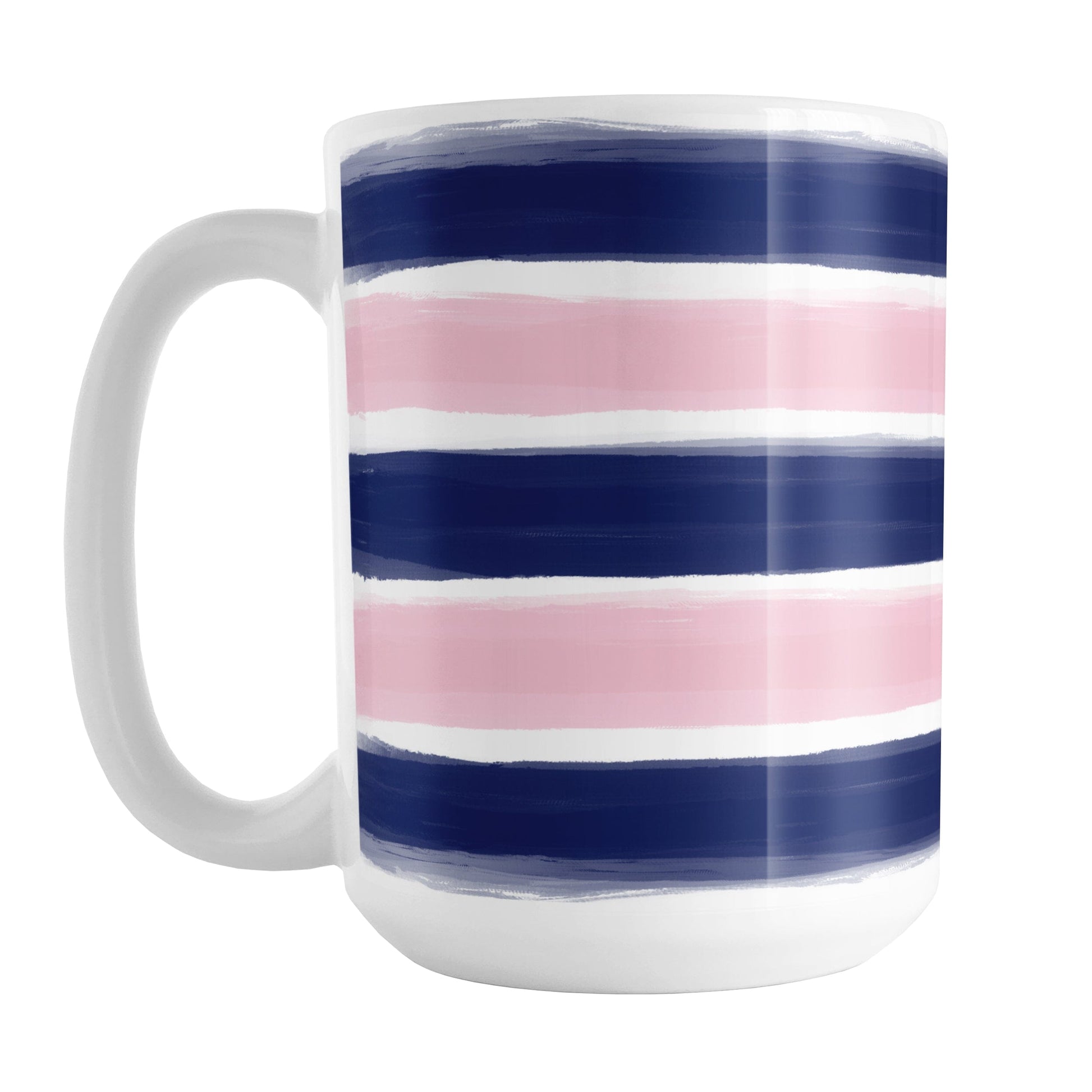 Navy Pink Paint Brush Strokes Mug (15oz) at Amy's Coffee Mugs. A ceramic coffee mug featuring a print of artistic paint brush strokes horizontally across the mug up to the handle, in alternating colors of navy blue and pink.