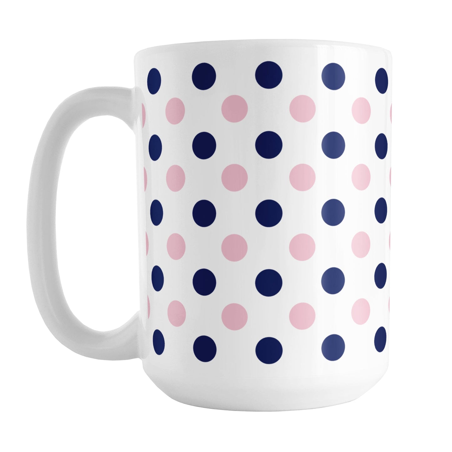 Navy Pink Polka Dot Mug (15oz) at Amy's Coffee Mugs. A ceramic coffee mug designed with polka dots in navy blue and pink over white in a pattern that wraps around the mug up to the handle.