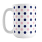 Navy Pink Polka Dot Mug (15oz) at Amy's Coffee Mugs. A ceramic coffee mug designed with polka dots in navy blue and pink over white in a pattern that wraps around the mug up to the handle.