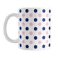 Navy Pink Polka Dot Mug (11oz) at Amy's Coffee Mugs. A ceramic coffee mug designed with polka dots in navy blue and pink over white in a pattern that wraps around the mug up to the handle.