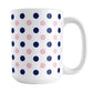 Navy Pink Polka Dot Mug (15oz) at Amy's Coffee Mugs. A ceramic coffee mug designed with polka dots in navy blue and pink over white in a pattern that wraps around the mug up to the handle.