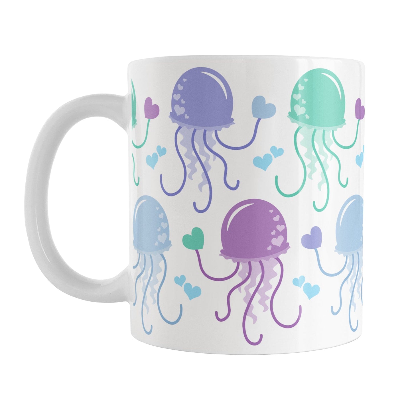 11oz white ceramic mug with a colorful, pastel jellyfish design