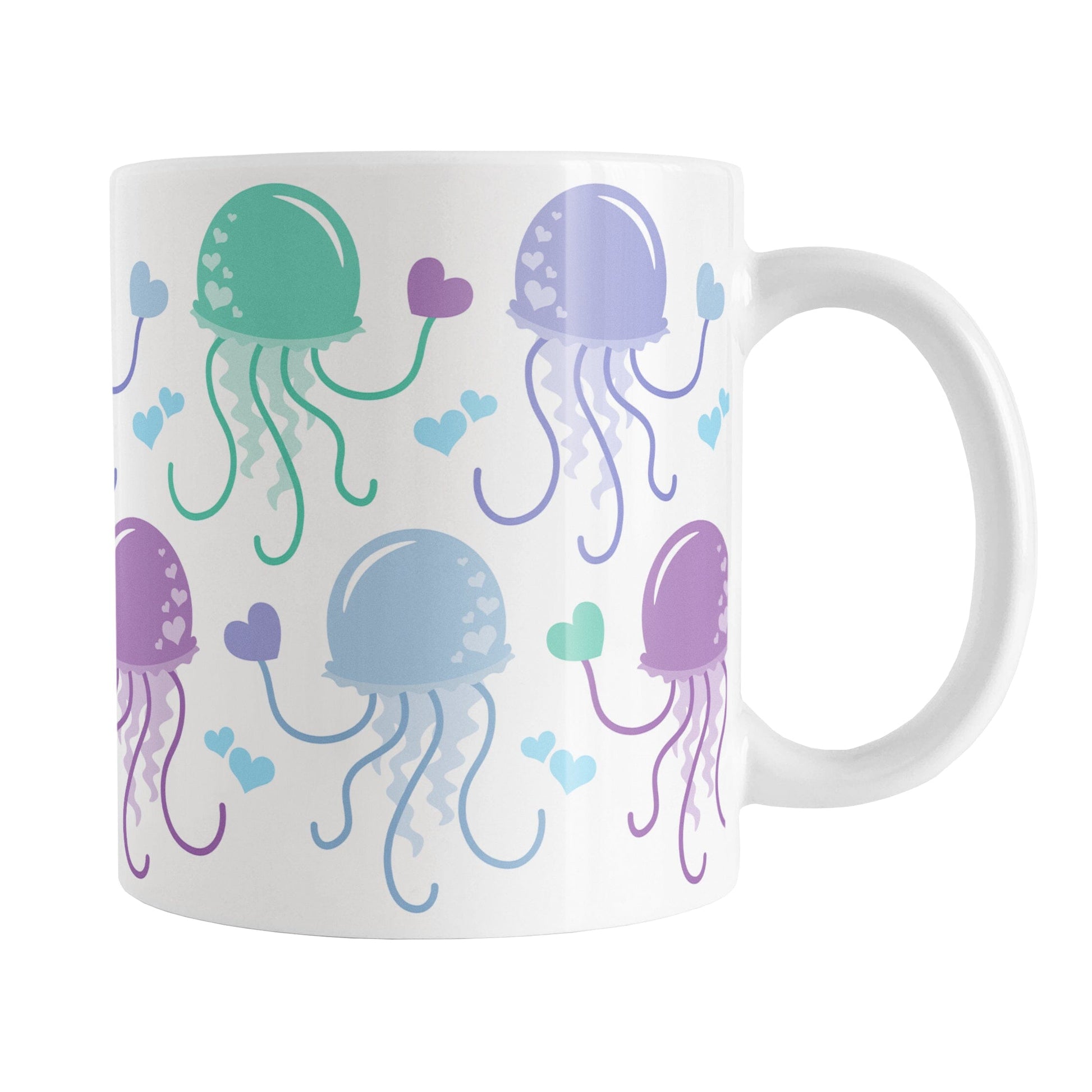11oz white ceramic mug with a colorful, pastel jellyfish design