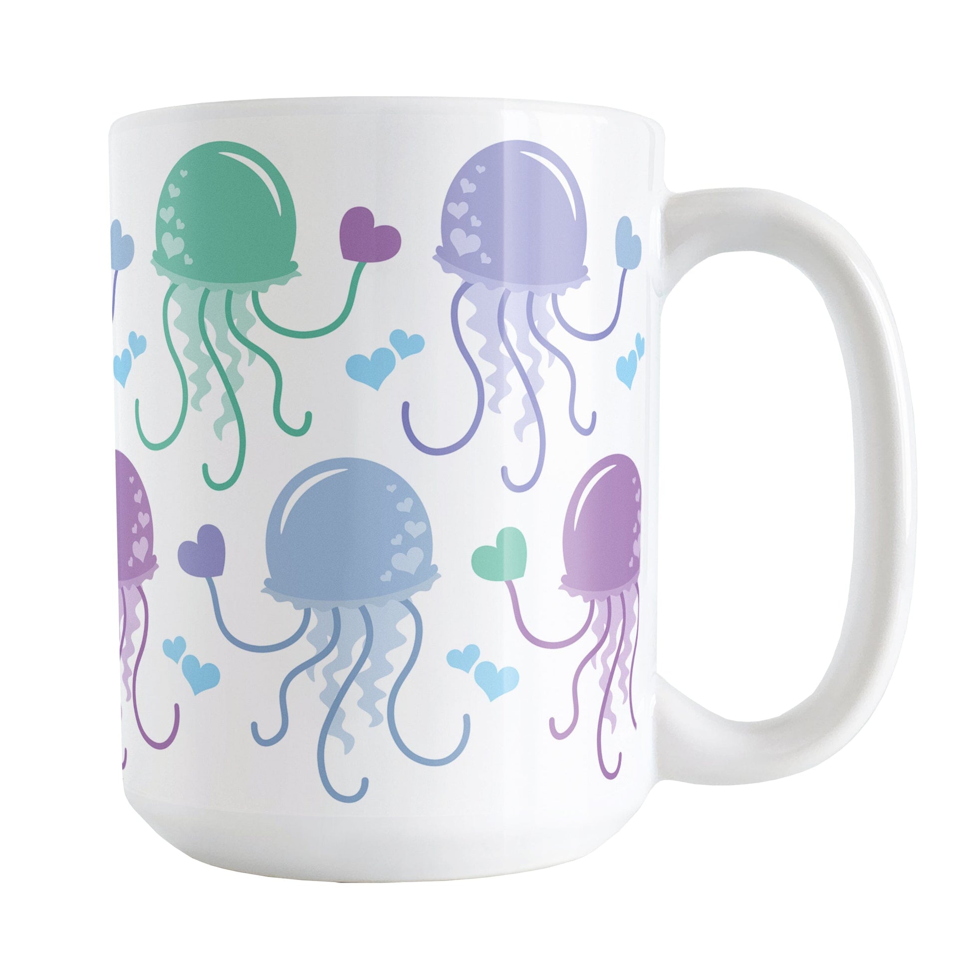 15oz white ceramic mug with a colorful, pastel jellyfish design