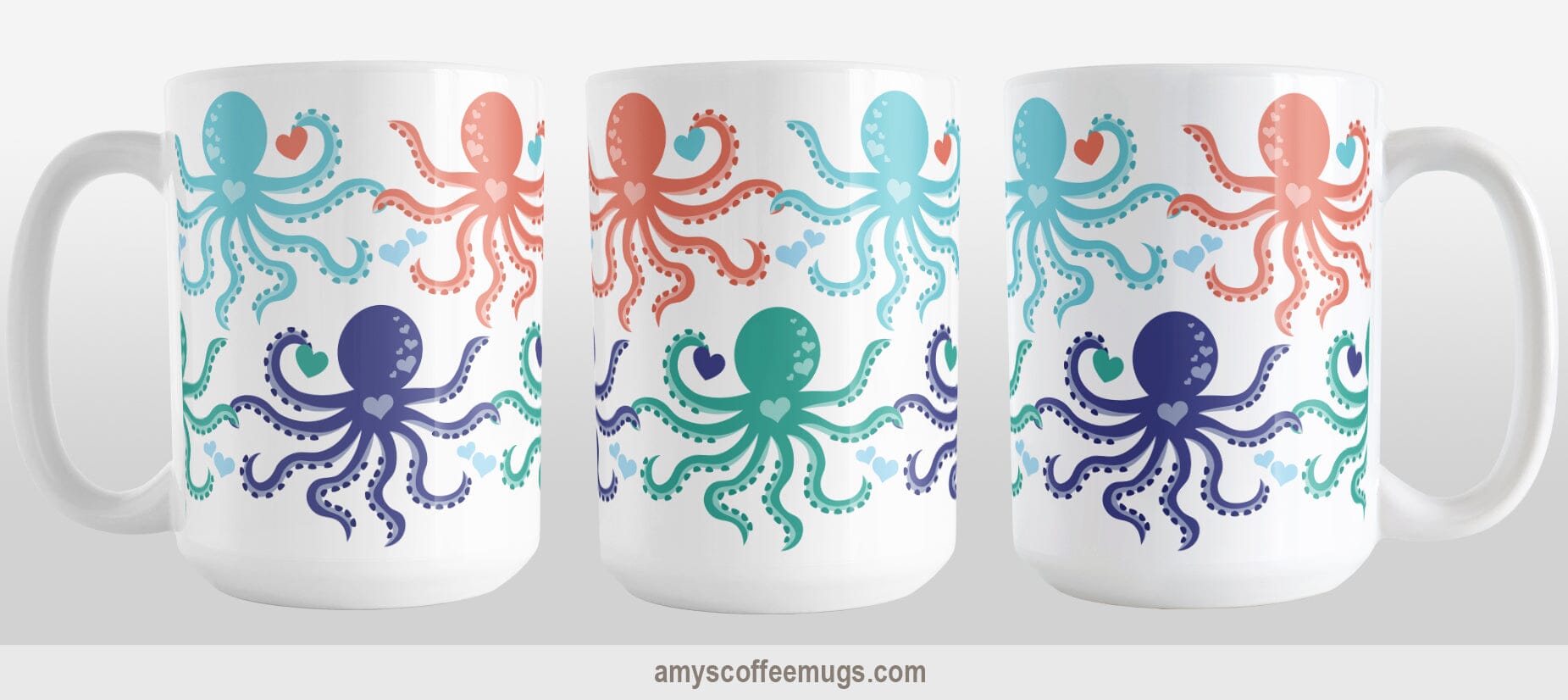 15oz white ceramic mug with a colorful, coastal-inspired octopus pattern. Image shows 3 views of the mug to display the whole design.