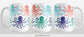 15oz white ceramic mug with a colorful, coastal-inspired octopus pattern. Image shows 3 views of the mug to display the whole design.