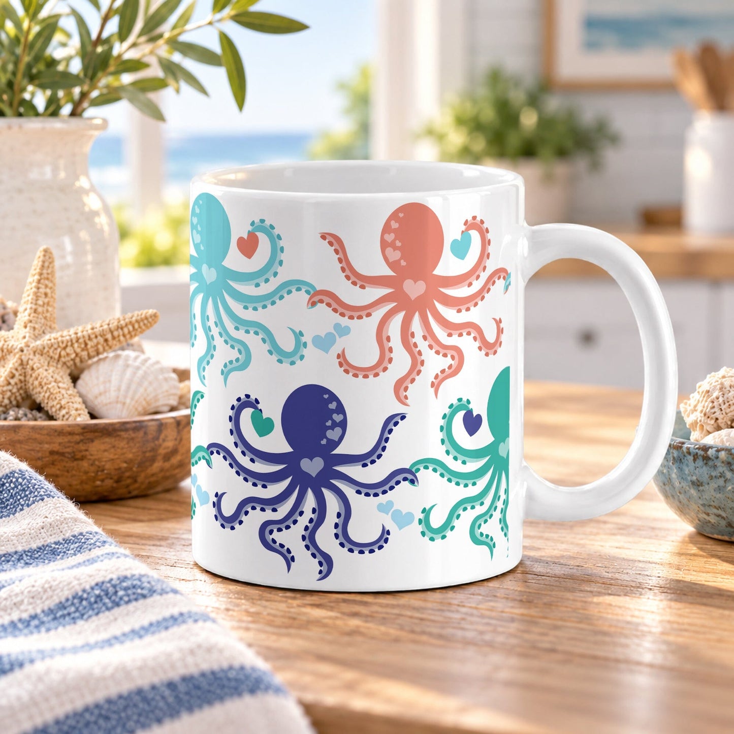 11 oz Ocean Hearts Octopus Mug with colorful teal, coral, navy, and aqua octopus illustrations and heart accents, on a wooden table in a beach house kitchen with seashells, starfish, plants, and a tea towel around it.