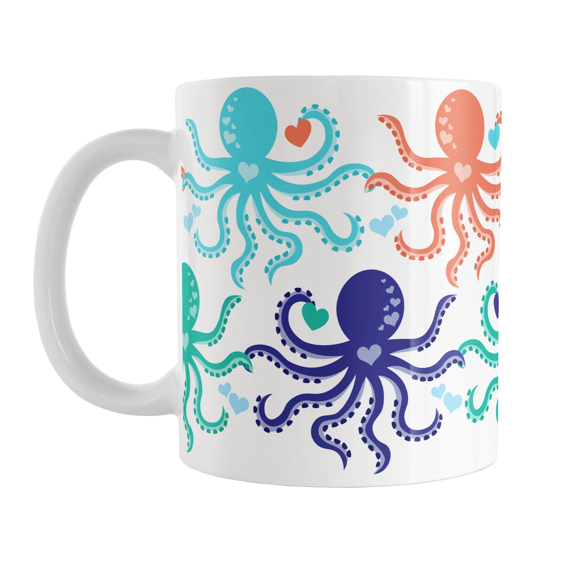 11oz white ceramic mug with a colorful, coastal-inspired octopus pattern