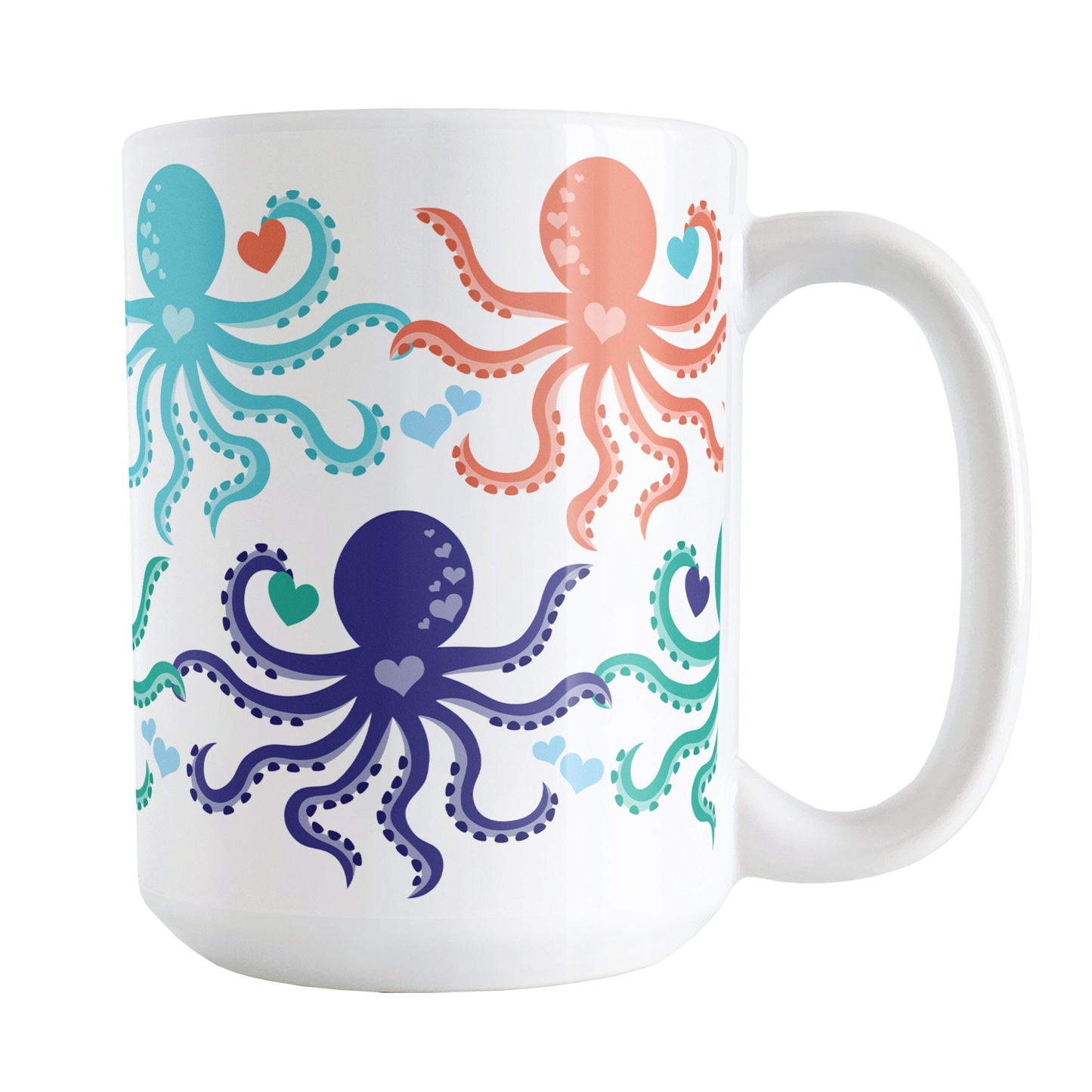 15oz white ceramic mug with a colorful, coastal-inspired octopus pattern
