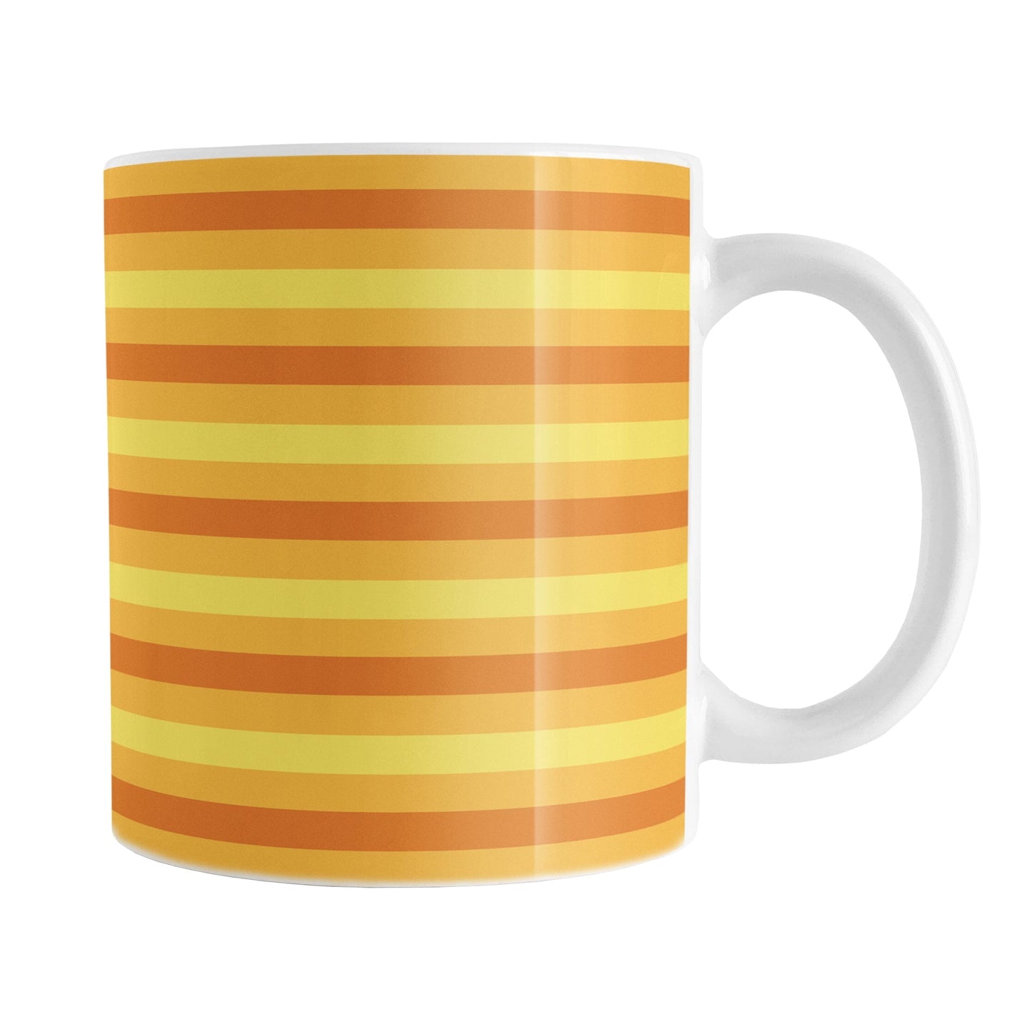 11oz white mug with orange and yellow striped pattern