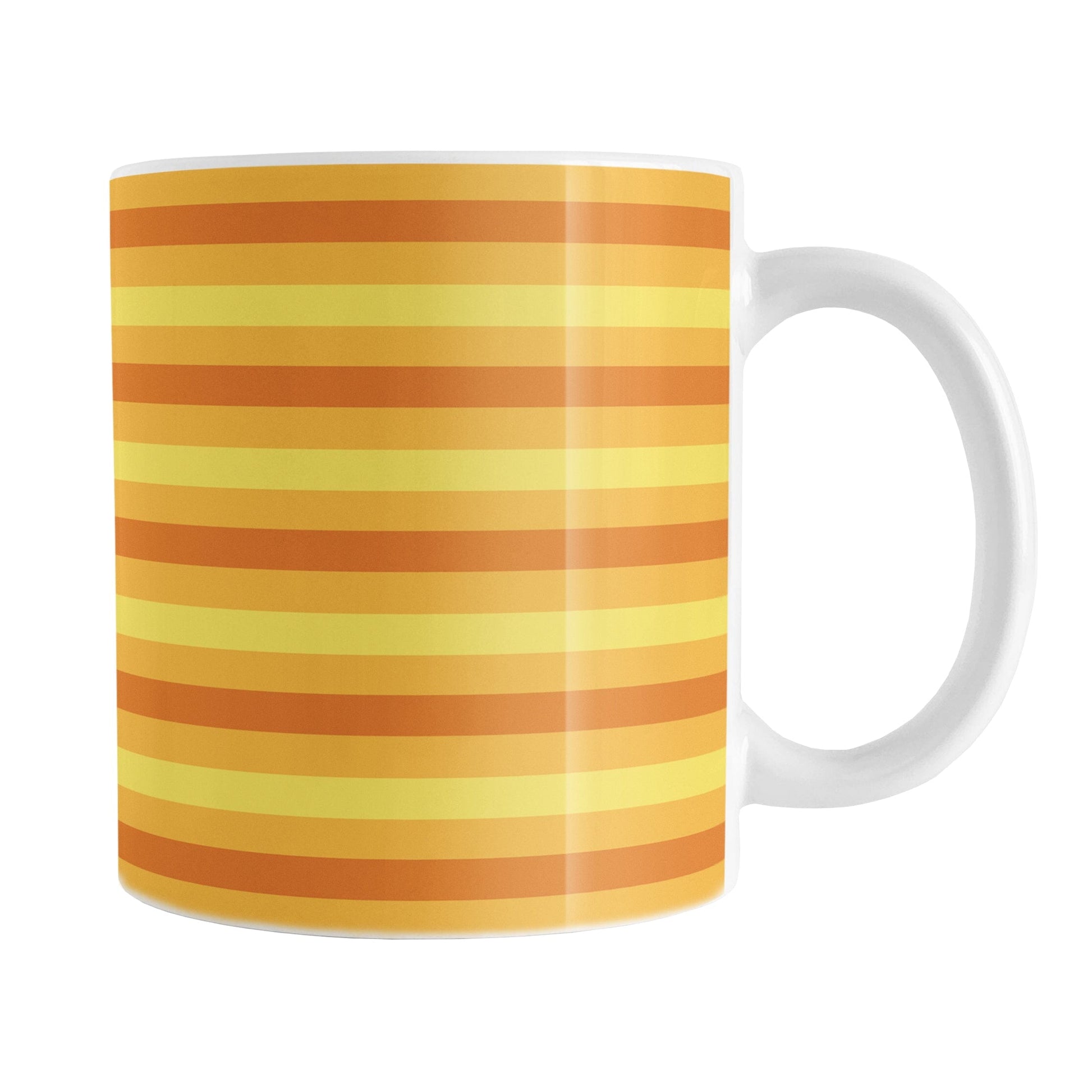 11oz white mug with orange and yellow striped pattern