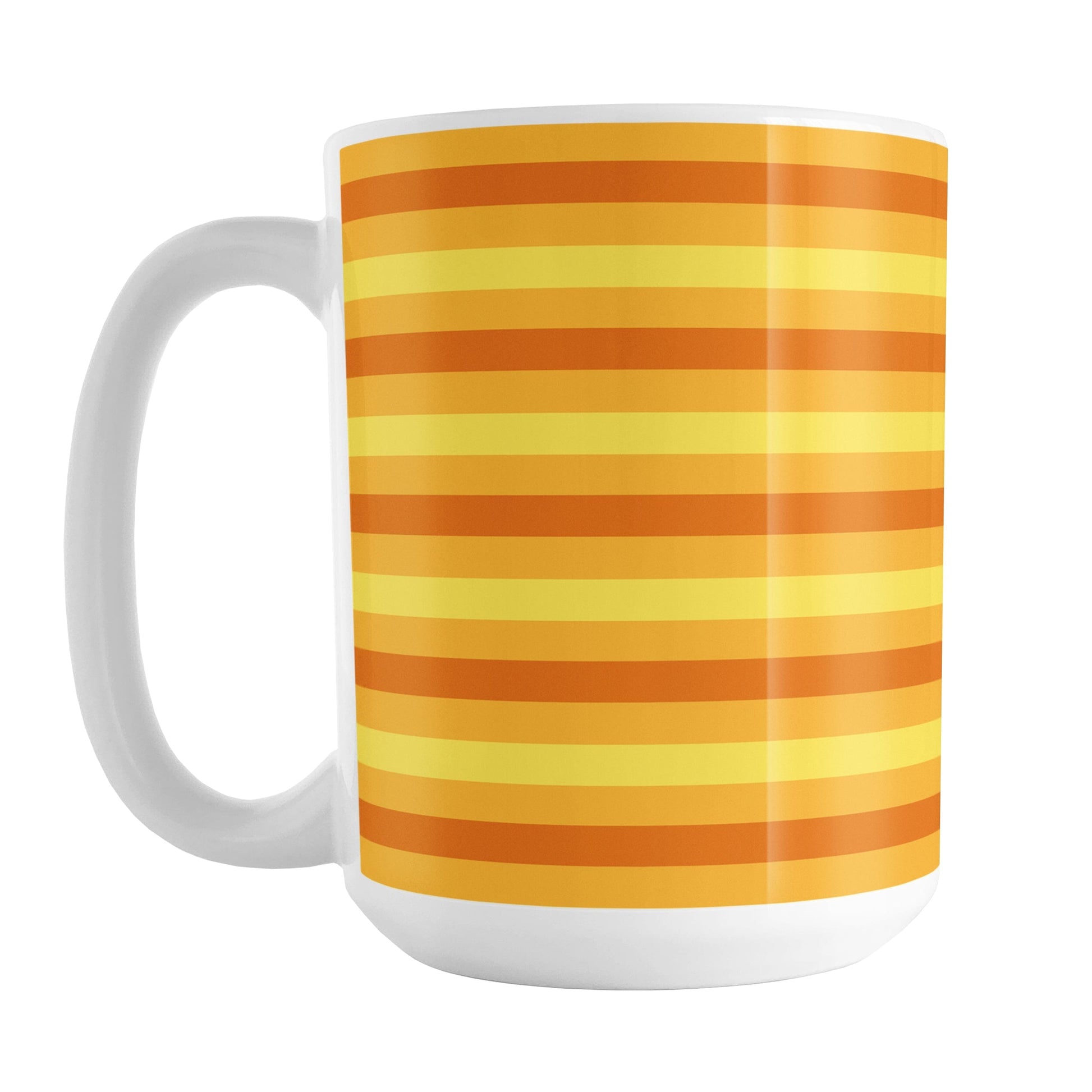 15oz white mug with orange and yellow striped pattern
