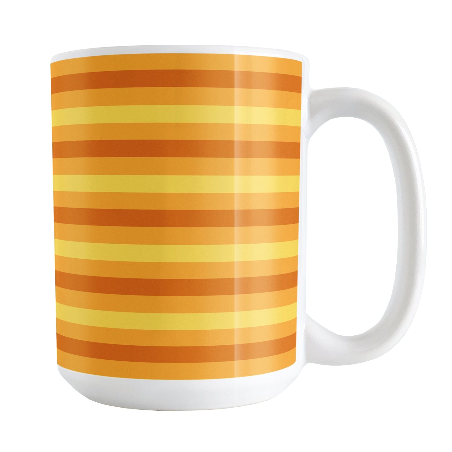 15oz white mug with orange and yellow striped pattern