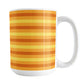 15oz white mug with orange and yellow striped pattern