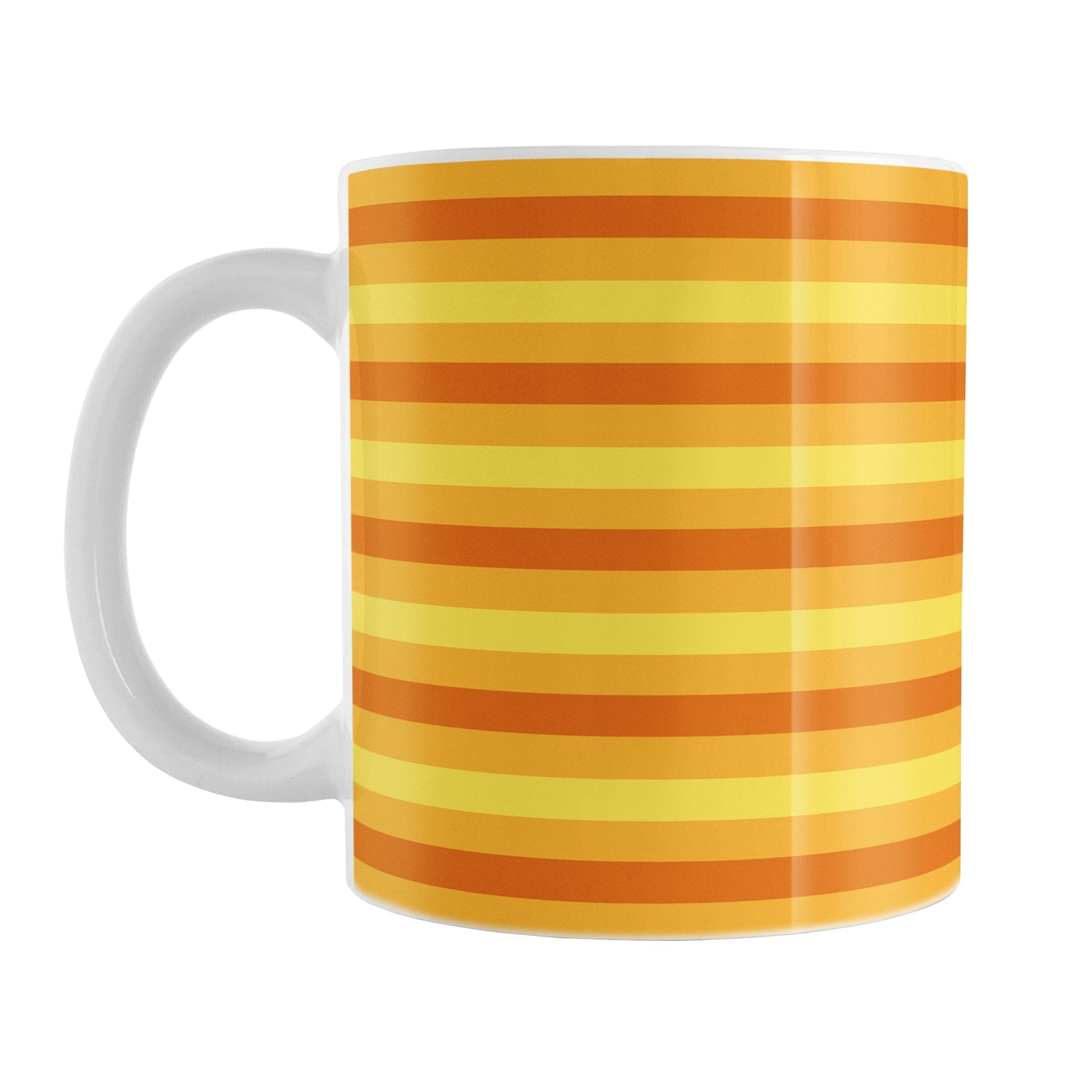11oz white mug with orange and yellow striped pattern