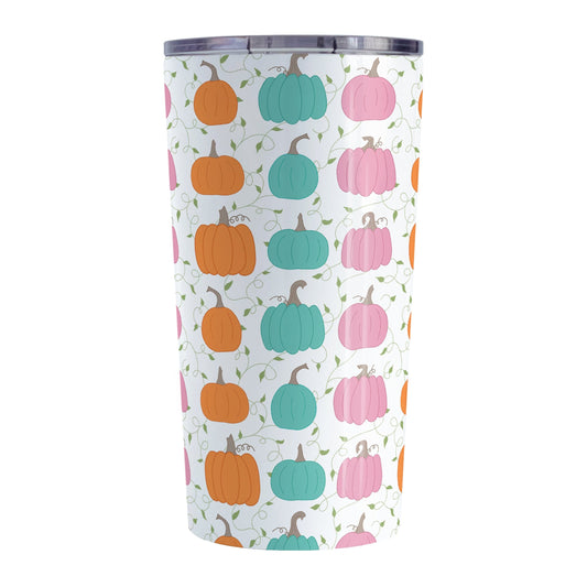20 oz orange teal pink pumpkin tumbler cup with colorful pumpkins, delicate green vines, and leaves on a white background.