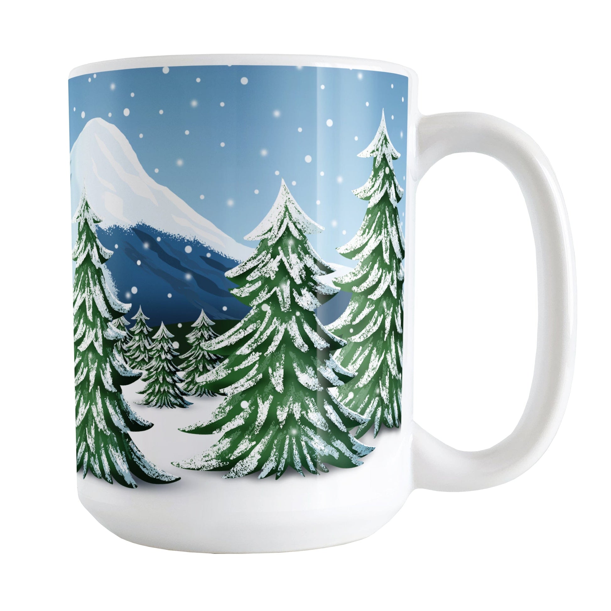 Outdoors Winter Trees Scene Mug (15oz) at Amy's Coffee Mugs. A ceramic coffee mug designed with a beautiful winter scene illustrated with snow-covered pine trees, snowy mountains, and a snowing winter sky. 