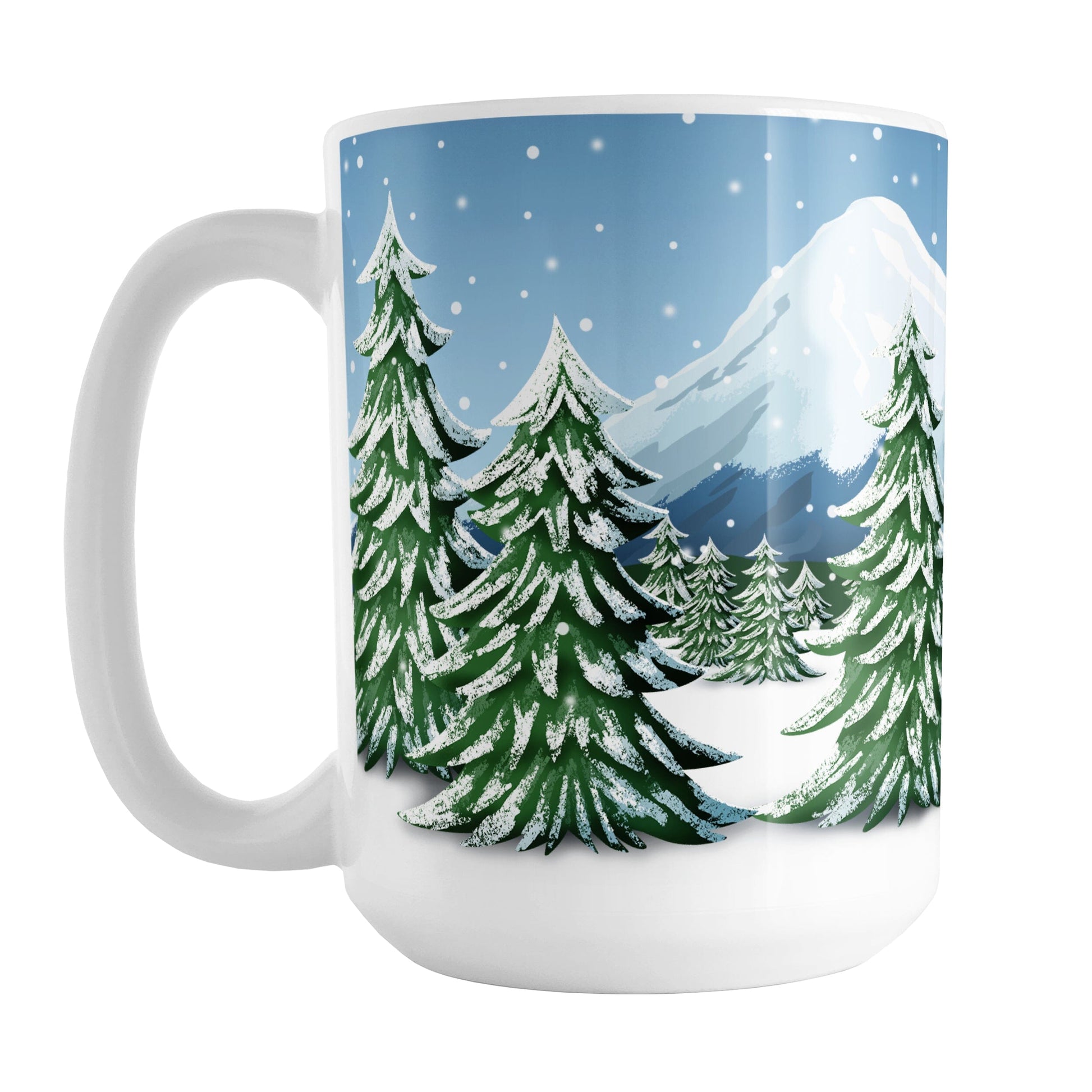 Outdoors Winter Trees Scene Mug (15oz) at Amy's Coffee Mugs. A ceramic coffee mug designed with a beautiful winter scene illustrated with snow-covered pine trees, snowy mountains, and a snowing winter sky. 
