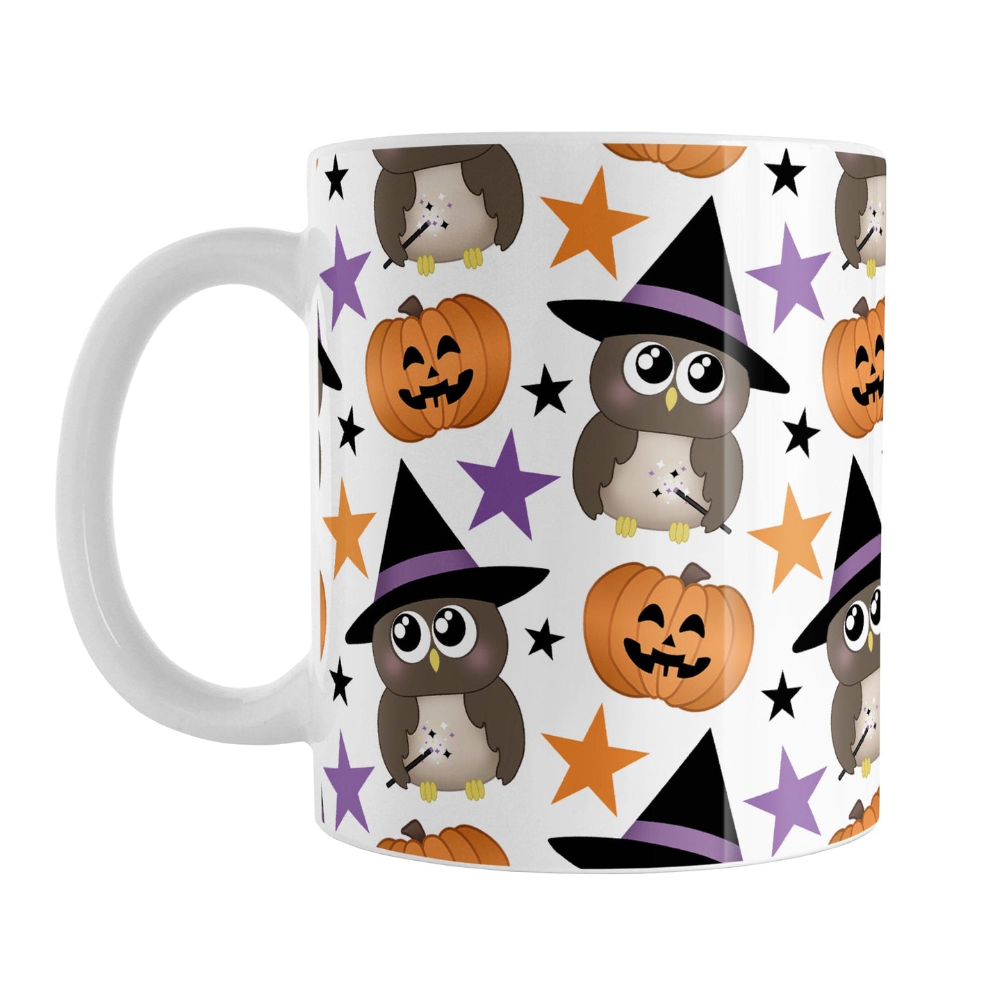 Owls Pumpkins and Stars Halloween Mug (11oz) at Amy's Coffee Mugs. A ceramic coffee mug designed with cute owls wearing a witch hat and holding a wand, happy orange carved pumpkins, and orange, purple, and black stars in a pattern that wraps around the mug up to the handle.