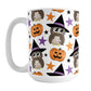 Owls Pumpkins and Stars Halloween Mug (15oz) at Amy's Coffee Mugs. A ceramic coffee mug designed with cute owls wearing a witch hat and holding a wand, happy orange carved pumpkins, and orange, purple, and black stars in a pattern that wraps around the mug up to the handle.