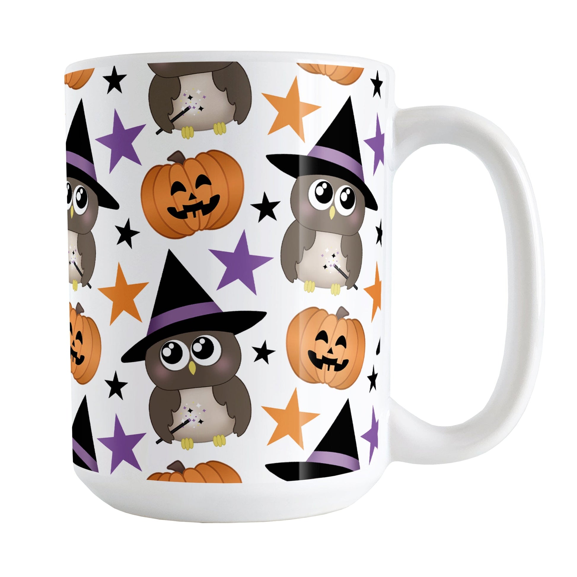 Owls Pumpkins and Stars Halloween Mug (15oz) at Amy's Coffee Mugs. A ceramic coffee mug designed with cute owls wearing a witch hat and holding a wand, happy orange carved pumpkins, and orange, purple, and black stars in a pattern that wraps around the mug up to the handle.