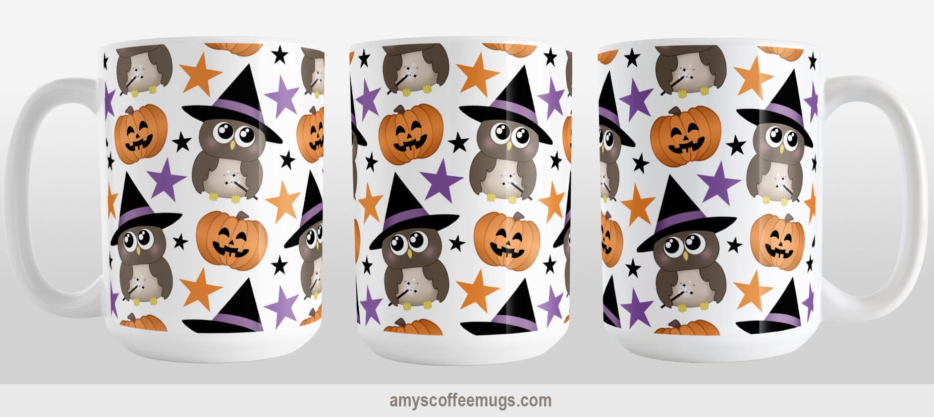 Owls Pumpkins and Stars Halloween Mug (15oz) at Amy's Coffee Mugs. A ceramic coffee mug designed with cute owls wearing a witch hat and holding a wand, happy orange carved pumpkins, and orange, purple, and black stars in a pattern that wraps around the mug up to the handle. Image shows three views of the mug to display the entire design.