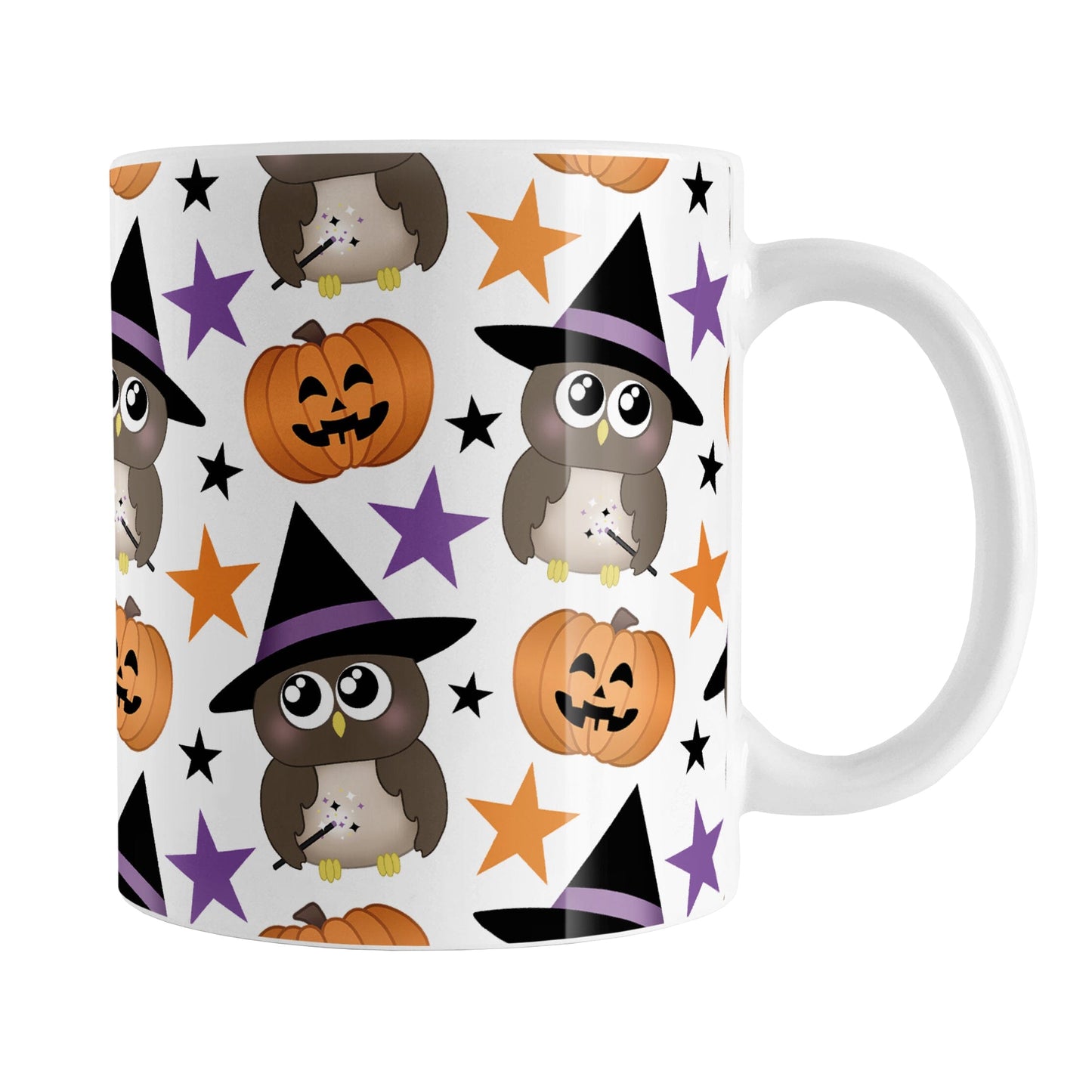 Owls Pumpkins and Stars Halloween Mug (11oz) at Amy's Coffee Mugs. A ceramic coffee mug designed with cute owls wearing a witch hat and holding a wand, happy orange carved pumpkins, and orange, purple, and black stars in a pattern that wraps around the mug up to the handle.