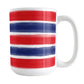 Patriotic Paint Brush Strokes Mug (15oz) at Amy's Coffee Mugs. A ceramic coffee mug featuring a print of artistic paint brush strokes horizontally across the mug up to the handle, in alternating colors of red and blue over white to celebrate the 4th of July (Independence Day) holiday.