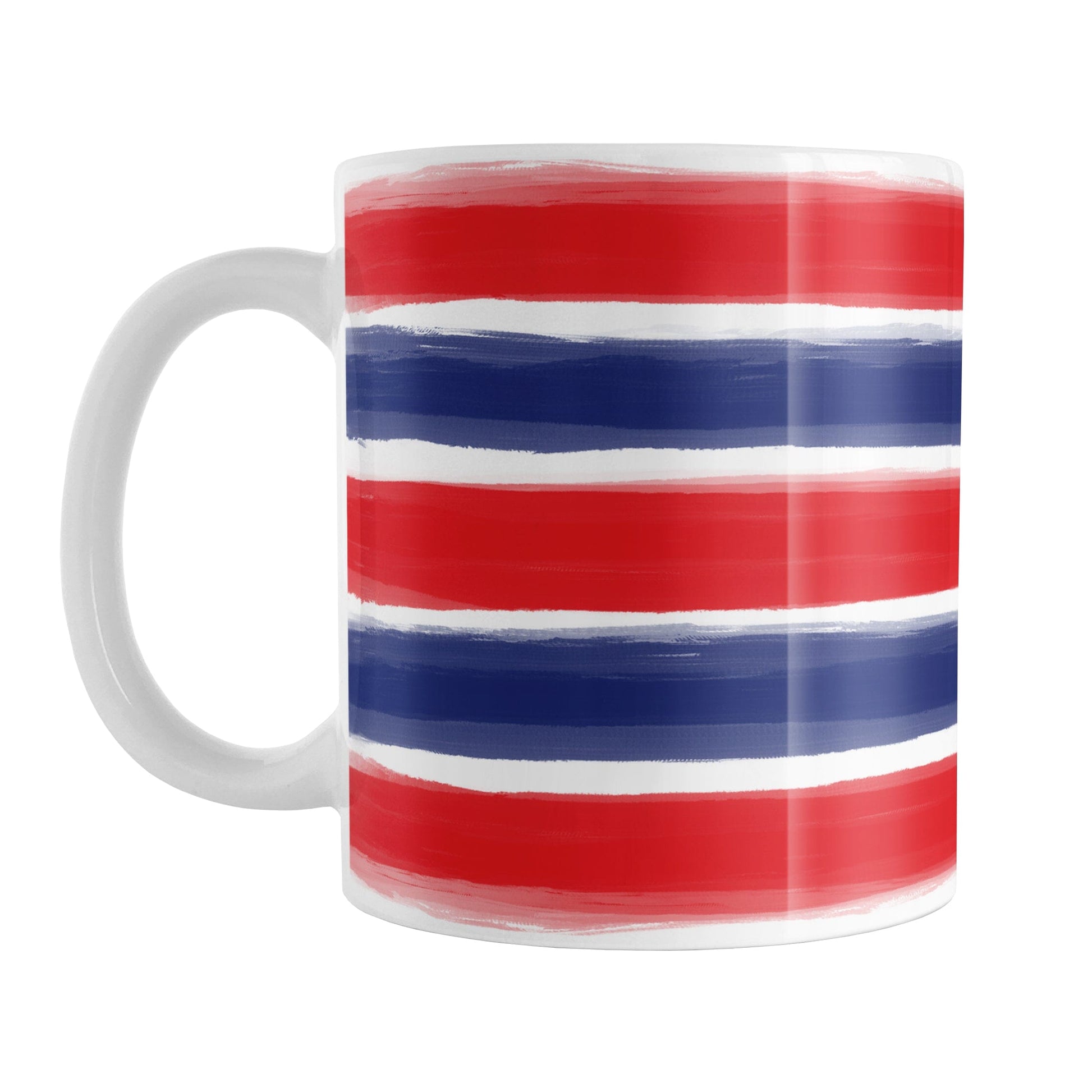 Patriotic Paint Brush Strokes Mug (11oz) at Amy's Coffee Mugs. A ceramic coffee mug featuring a print of artistic paint brush strokes horizontally across the mug up to the handle, in alternating colors of red and blue over white to celebrate the 4th of July (Independence Day) holiday.