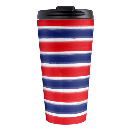 Patriotic Paint Brush Strokes Travel Mug (15oz) at Amy's Coffee Mugs. A stainless steel travel mug featuring a print of artistic paint brush strokes horizontally across the travel mug, in alternating colors of red and blue over white to celebrate the 4th of July (Independence Day) holiday.