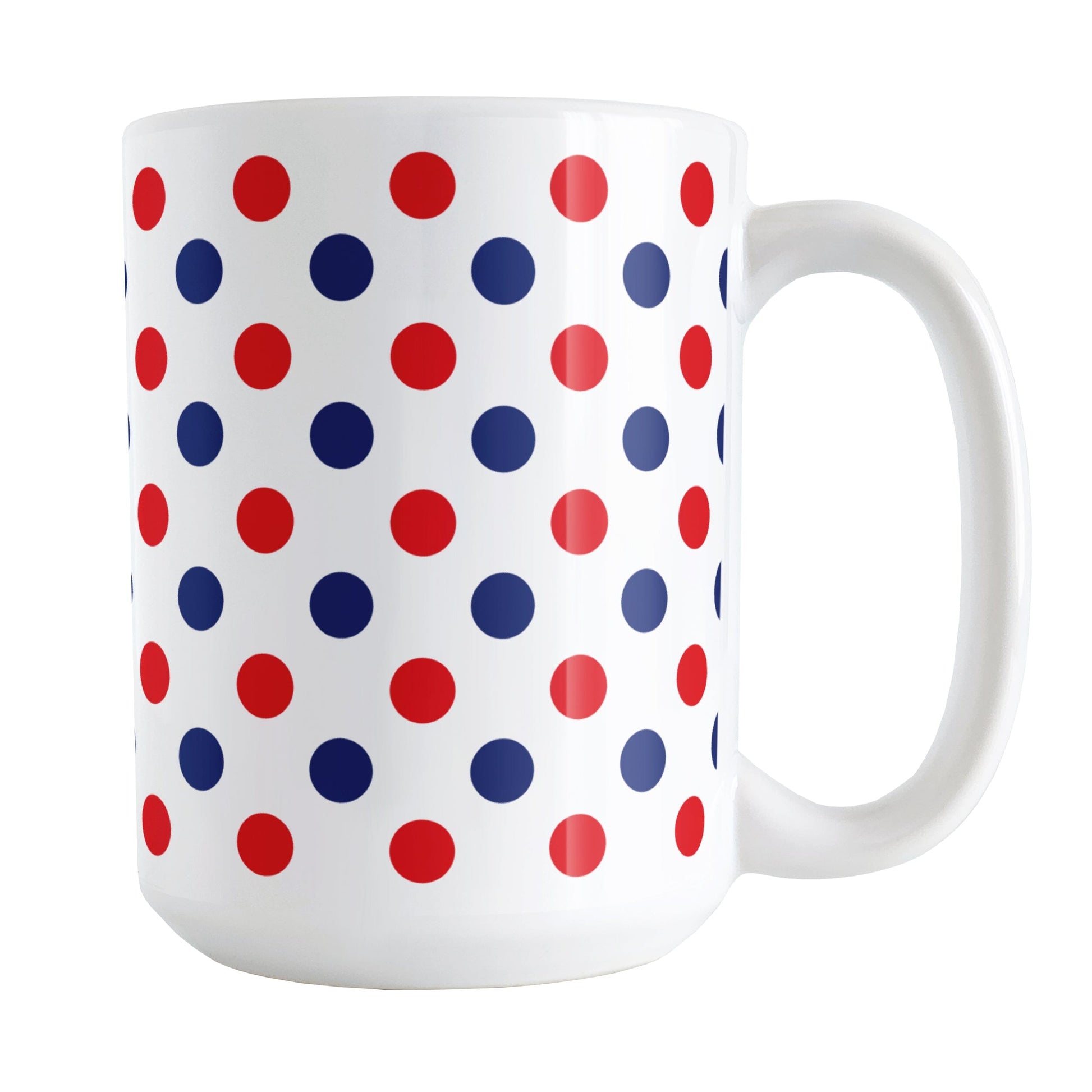 Patriotic Polka Dot Mug (15oz) at Amy's Coffee Mugs. A ceramic coffee mug featuring a pattern of polka dots across the mug up to the handle, in alternating colors of red and blue over white to celebrate the 4th of July (Independence Day) holiday.