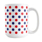 Patriotic Polka Dot Mug (15oz) at Amy's Coffee Mugs. A ceramic coffee mug featuring a pattern of polka dots across the mug up to the handle, in alternating colors of red and blue over white to celebrate the 4th of July (Independence Day) holiday.