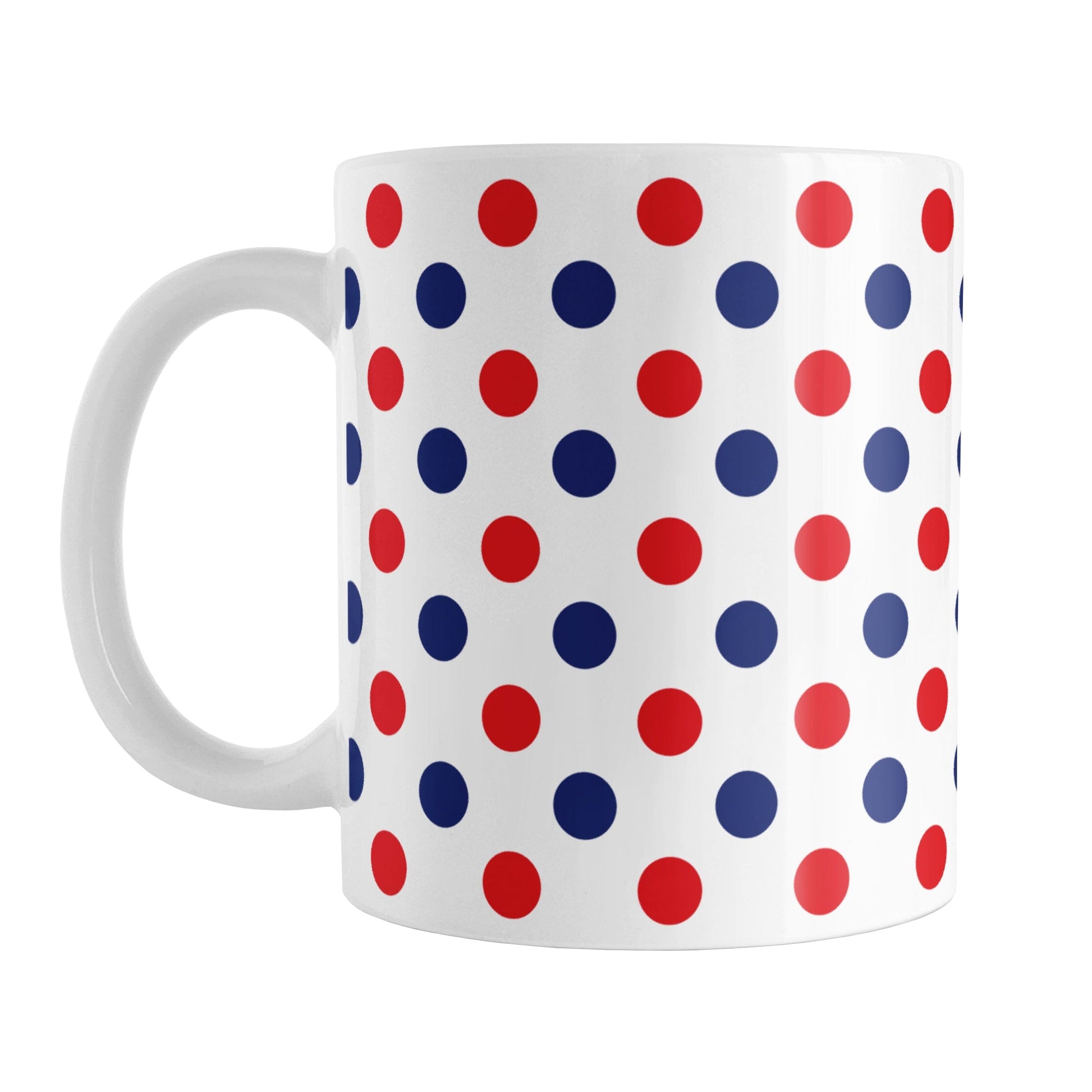 Patriotic Polka Dot Mug (11oz) at Amy's Coffee Mugs. A ceramic coffee mug featuring a pattern of polka dots across the mug up to the handle, in alternating colors of red and blue over white to celebrate the 4th of July (Independence Day) holiday.