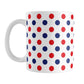 Patriotic Polka Dot Mug (11oz) at Amy's Coffee Mugs. A ceramic coffee mug featuring a pattern of polka dots across the mug up to the handle, in alternating colors of red and blue over white to celebrate the 4th of July (Independence Day) holiday.